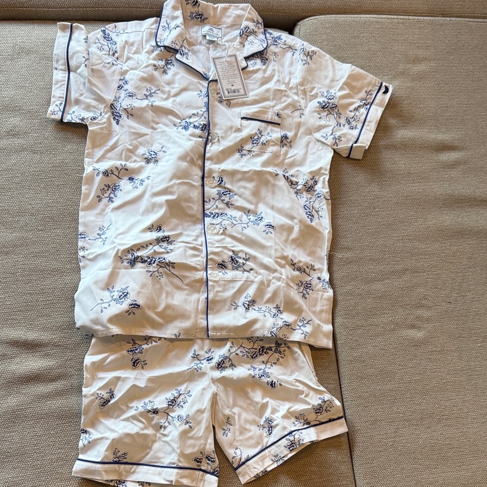 White and Blue Floral Kids Pajama Set - Short Sleeve